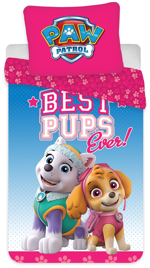 Lyserødt Sengetøj 140x200 cm - Paw Patrol sengesæt med Everest og Skye - Vendbart design - 100% bomuld